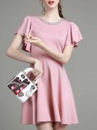 Romwe Pink Ruffle Sleeve Beading A-line Dress