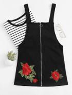 Romwe Rose Embroidered Applique Zip Up Dress