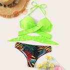 Romwe Neon Lime Wrap Top With Random Tropical Bikini