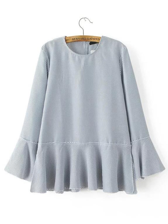 Romwe Blue Vertical Striped Bell Sleeve Ruffle Hem Blouse