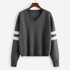 Romwe V Neck Striped Sleeve Sweater