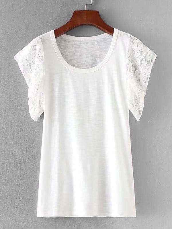 Romwe Solid Lace Sleeve Tee