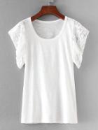 Romwe Solid Lace Sleeve Tee