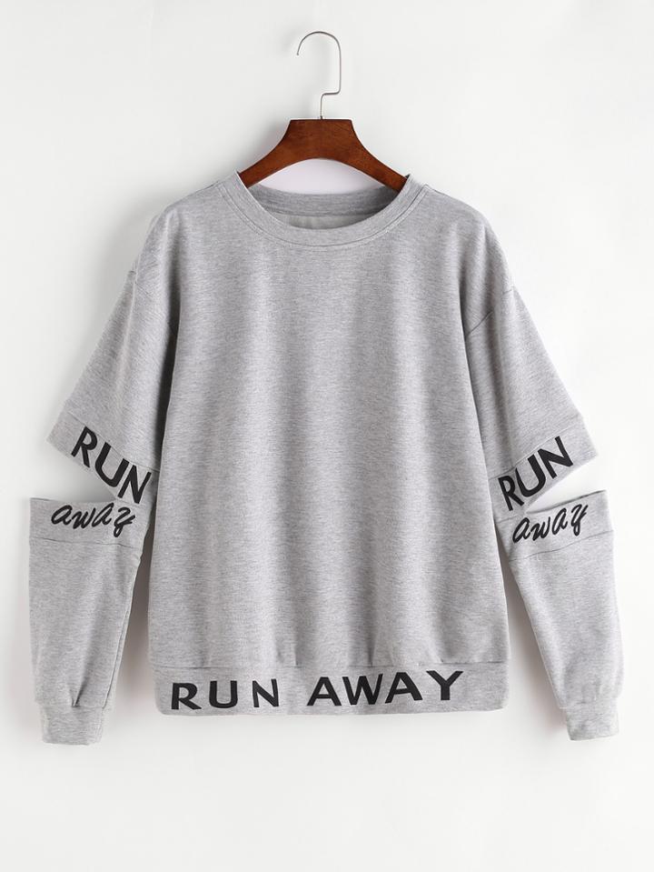 Romwe Heather Grey Letter Print Split Elbow Sweatshirt