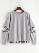 Romwe Heather Grey Letter Print Split Elbow Sweatshirt