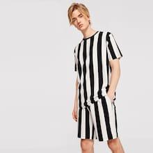 Romwe Guys Wide Stripe Two-tone Top & Shorts Set