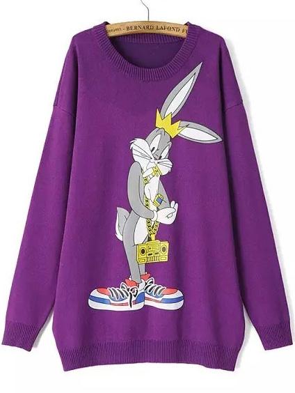 Romwe Rabbit Print Loose Sweater