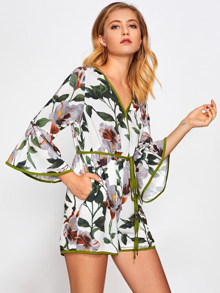 Romwe Contrast Binding Trumpet Sleeve Botanical Wrap Playsuit