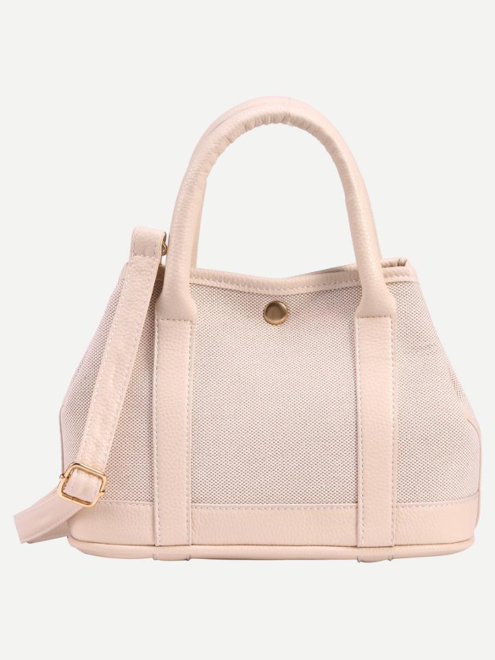 Romwe Beige Snap Button Closure Canvas Satchel Bag