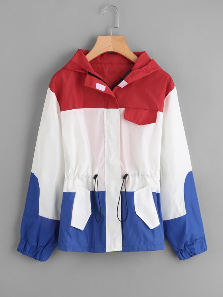 Romwe Color Block Drawstring Waist Hooded Jacket