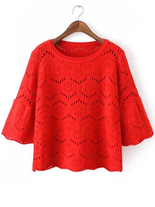 Romwe Bell Sleeve Hollow Red Sweater