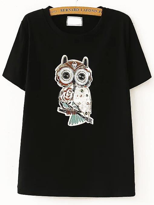 Romwe Owl Sequined Beaded Patch Black T-shirt