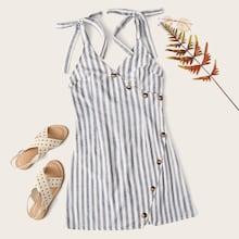 Romwe Self Tie Shoulder Asymmetrical Placket Striped Dress