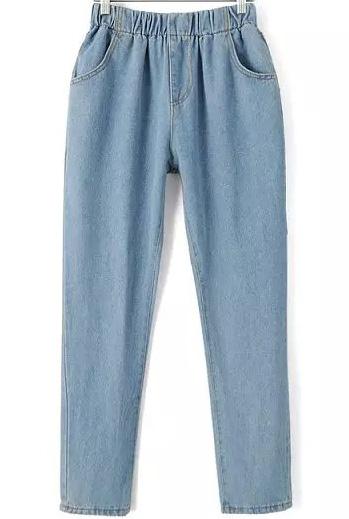 Romwe Blue Elastic Waist Pockets Denim Pant