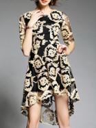 Romwe Black Sheer Gauze Disc Flowers High Low Dress