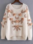 Romwe Apricot Flower Embellished Dip Hem Mohair Sweater