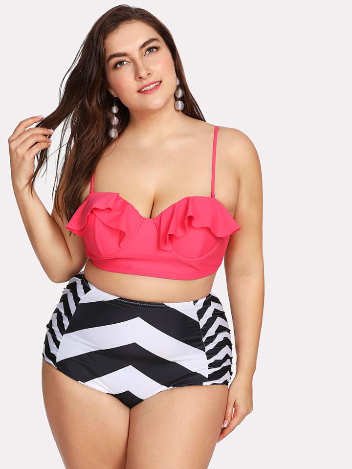 Romwe Zigzag Ruffle Bikini Set