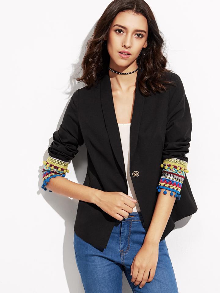 Romwe Pom Pom Trim Embroidered Cuff Blazer