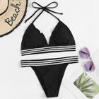 Romwe Frill Detail Halter Top With Striped Hem Bikini