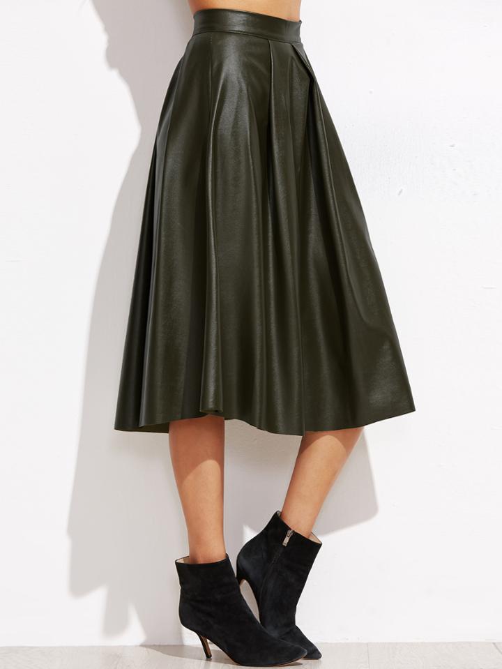 Romwe Army Green Pleated Zipper Back Pu Skirt