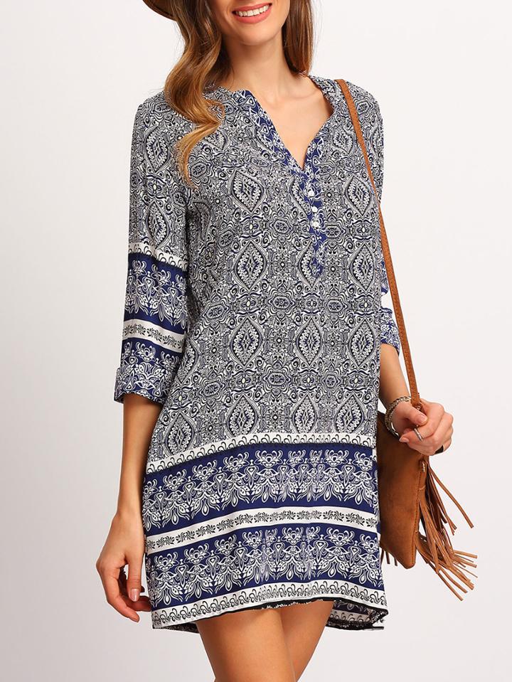 Romwe V Neck Vintage Print Tunic Dress