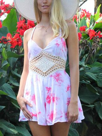 Romwe Pink Halter Tie Dye Print Crochet Insert Romper