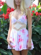Romwe Pink Halter Tie Dye Print Crochet Insert Romper