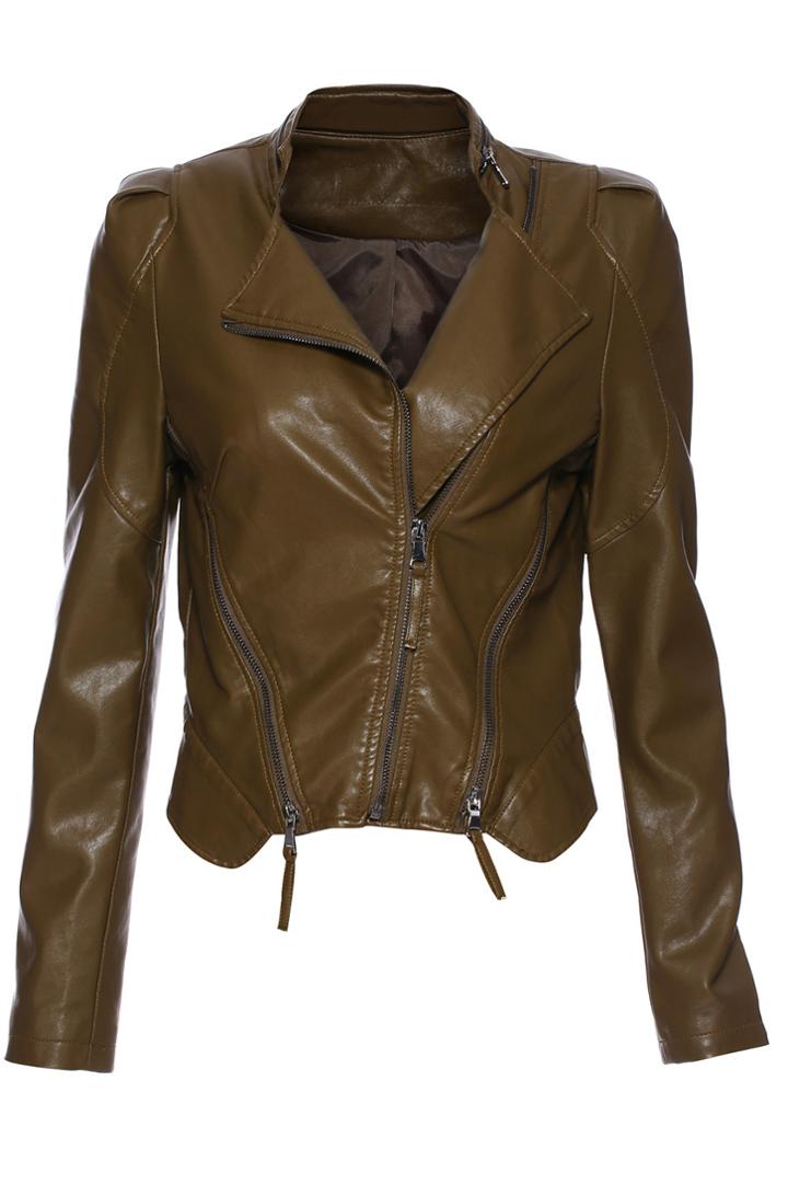 Romwe Strip Simple Pu Jacket-brown