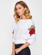 Romwe 3d Rose Applique Shirred Cuff And Hem Top