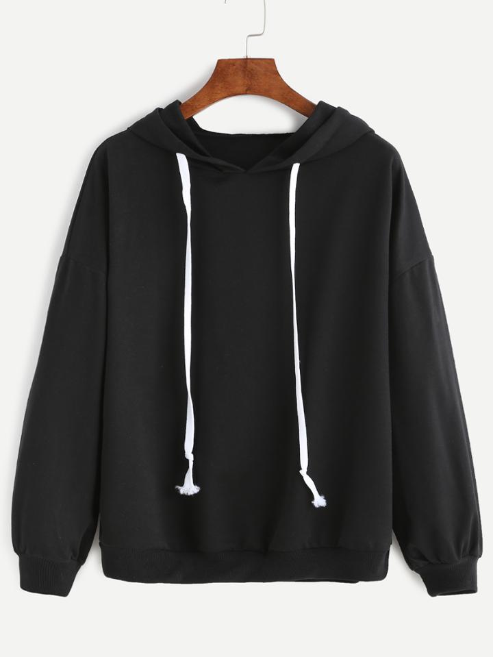 Romwe Black Dropped Shoulder Seam Drawstring Hooded Sweatshirt