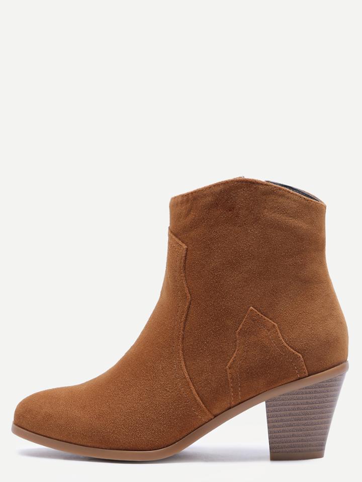 Romwe Camel Nubuck Leather Almond Toe Chunky Heel Booties