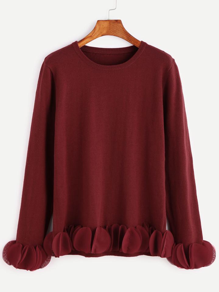 Romwe Burgundy Circle Applique Trim Sweater