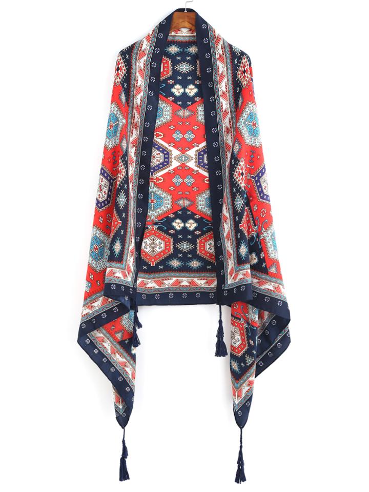 Romwe Multicolor Print Tassel Scarf