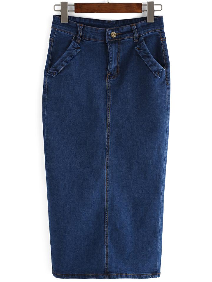 Romwe Split Back Denim Skinny Skirt