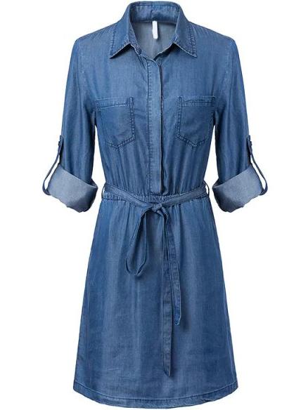 Romwe Lapel Self-tie Denim Pockets Shirt Dress