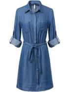 Romwe Lapel Self-tie Denim Pockets Shirt Dress