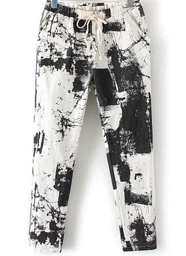 Romwe Black Drawstring Waist Abstract Print Pant