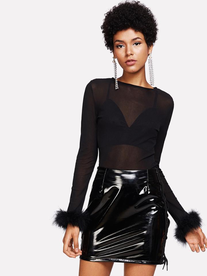 Romwe Faux Fur Cuff Mesh Top