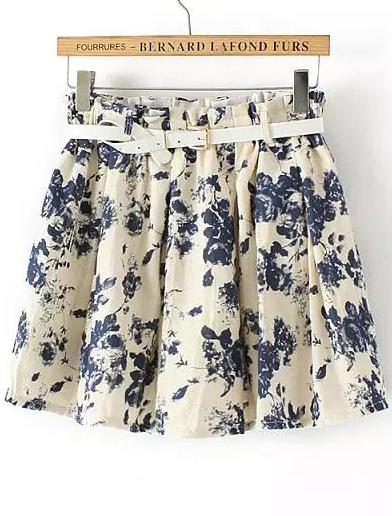 Romwe Beige Elastic Waist Floral Skirt