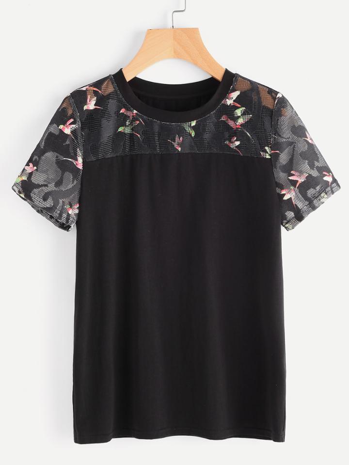 Romwe Bird Print Mesh Yoke T-shirt