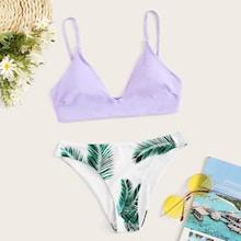 Romwe V Neck Top With Random Leaf Print Bikini