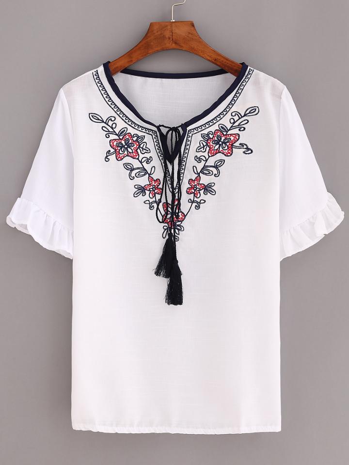 Romwe Embroidered Tassel Tie-neck Ruffled Sleeve Top - White