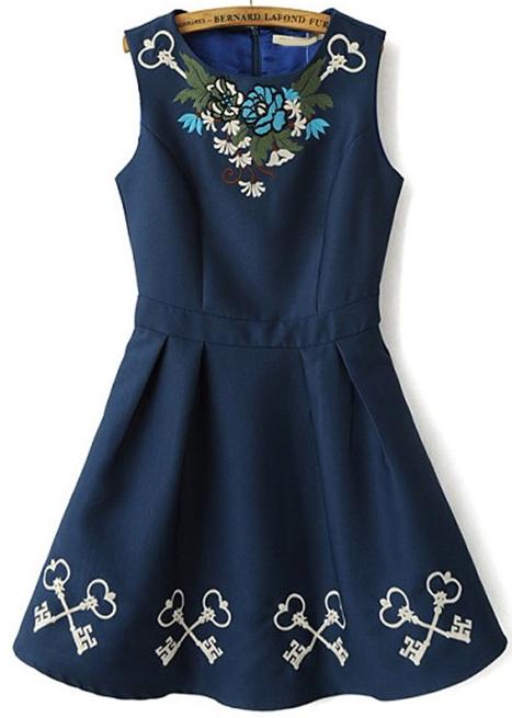 Romwe Sleeveless Key Embroidered Blue Dress