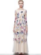 Romwe Apricot Round Neck Length Sleeve Contrast Gauze Embroidered Dress