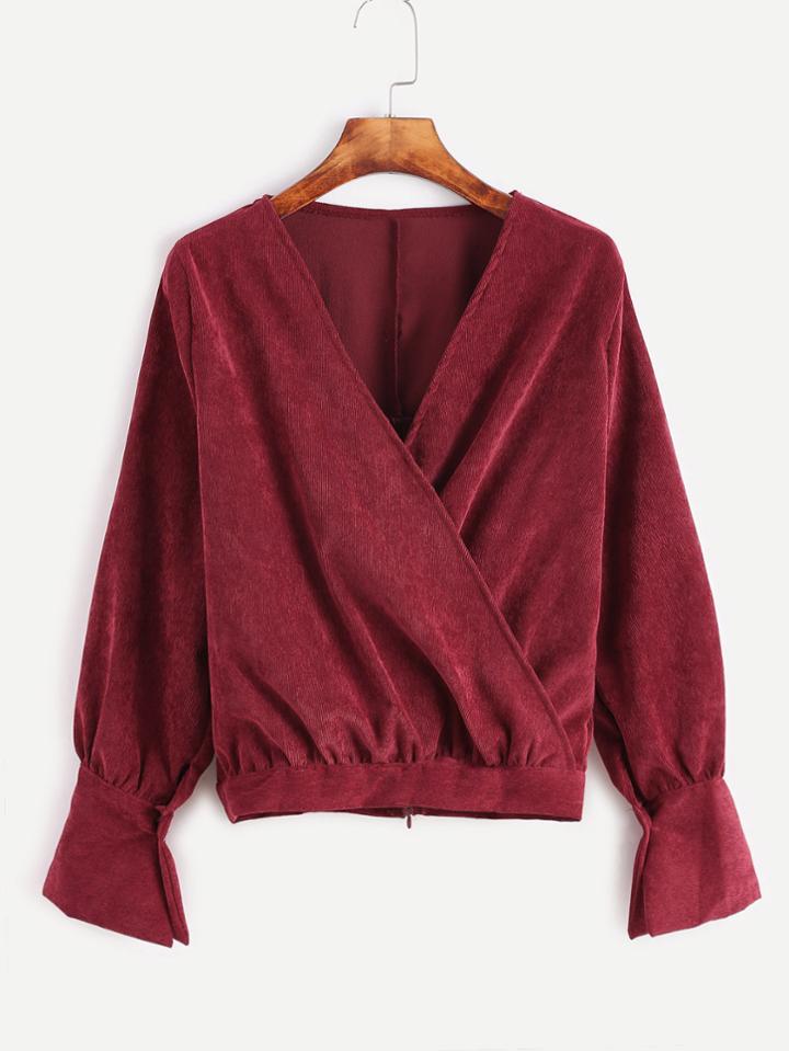 Romwe Burgundy Corduroy Wrap Front Zipper Back Top