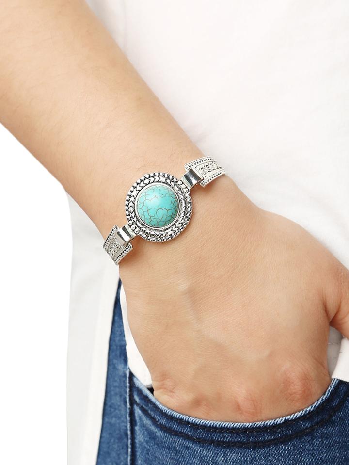 Romwe Round Turquoise Set-in Carved Bracelet