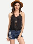 Romwe Black Lace Trimmed Faux Suede Cami Top