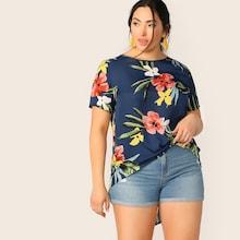 Romwe Plus Floral Print Dip Hem Top