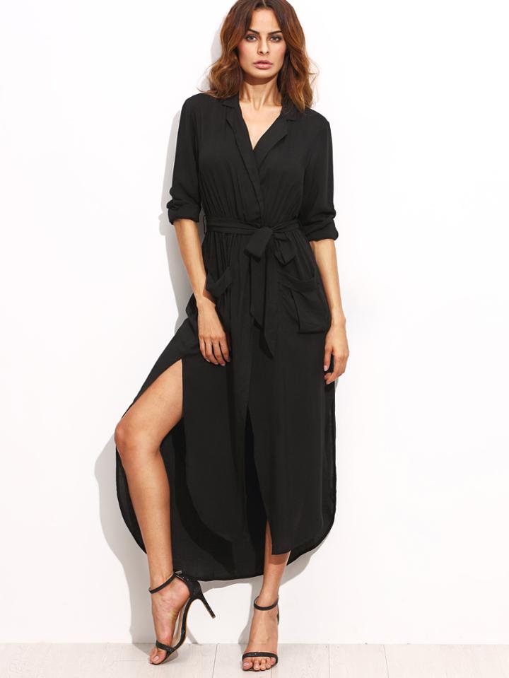 Romwe Lapel Tie Waist Slit Side Asymmetrical Dress