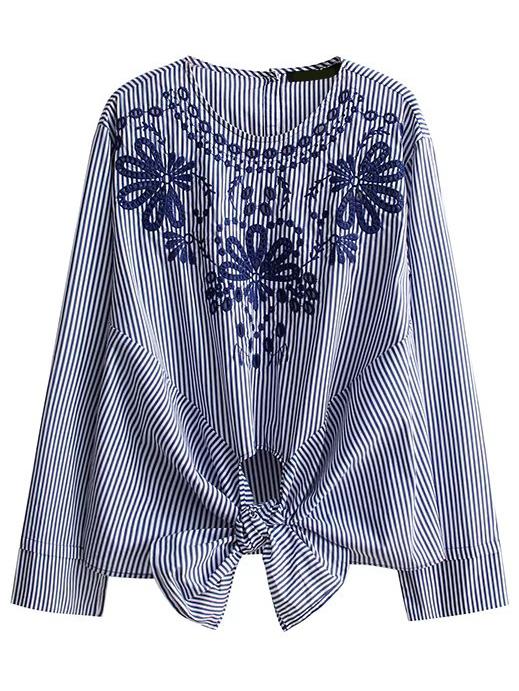 Romwe Blue Embroidery Vertical Striped Knot Detail Blouse